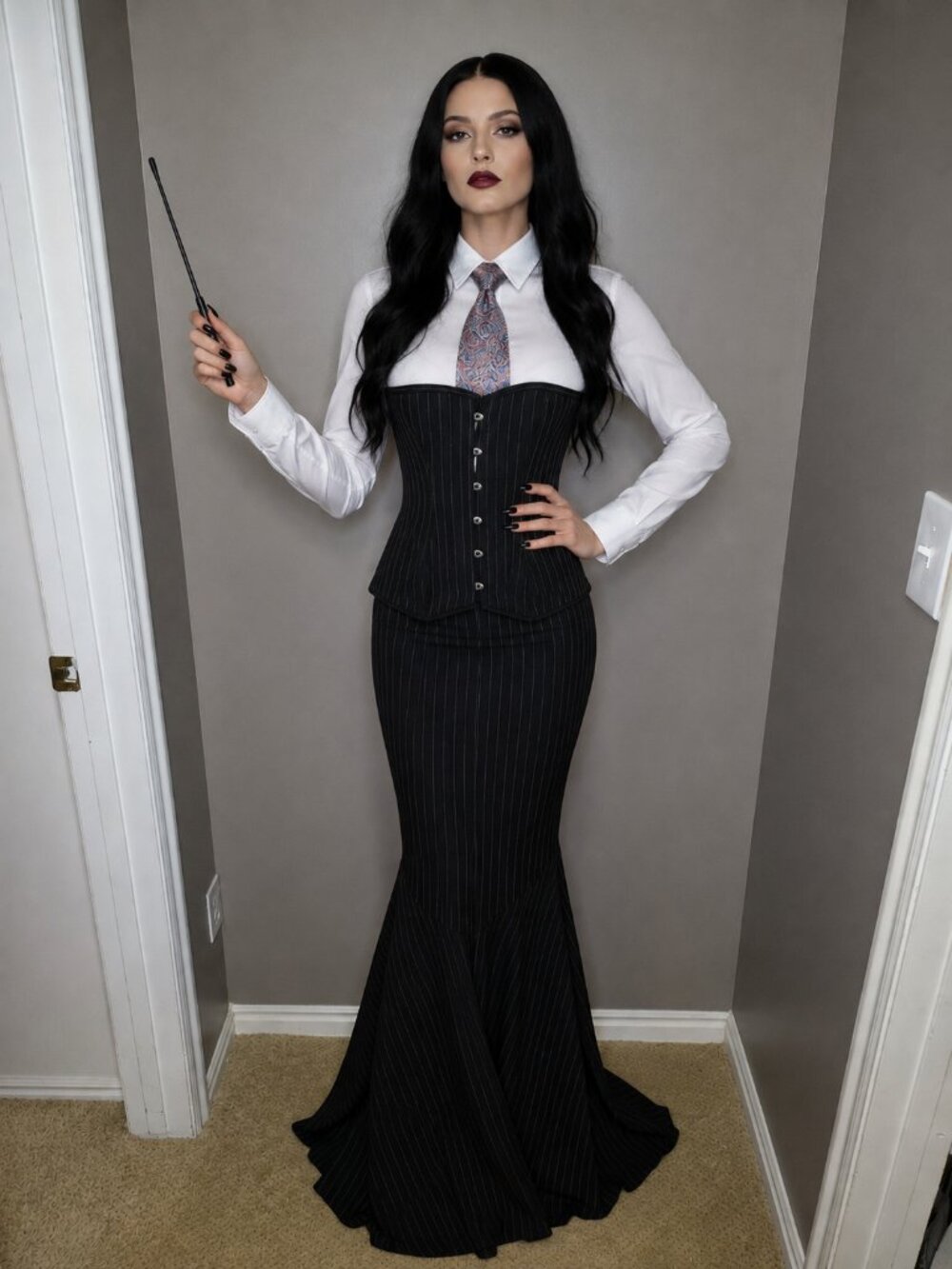 HALLOWEEN: Black Pinstripe Corset & Mermaid Maxi Skirt Gothic Costume Set L